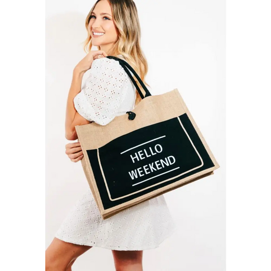 Fame Hello Weekend Burlap Tote Bag - CM Fashion