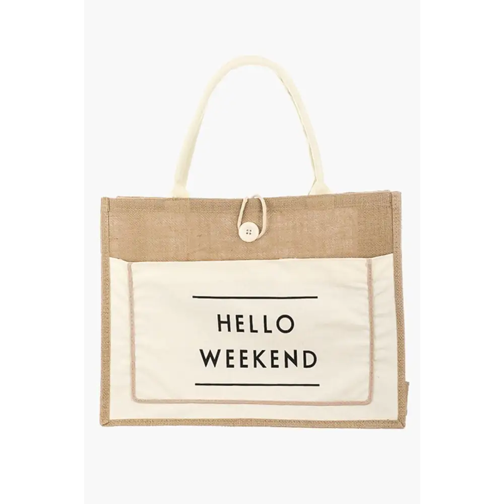 Fame Hello Weekend Burlap Tote Stylish Tan and Black Carryall