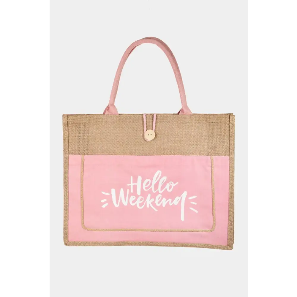 Fame Hello Weekend Burlap Tote Stylish Tan and Black Carryall