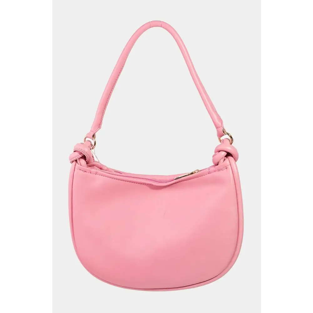 Chic Fame PU Leather Basket Weave Half Moon Bag in Pink