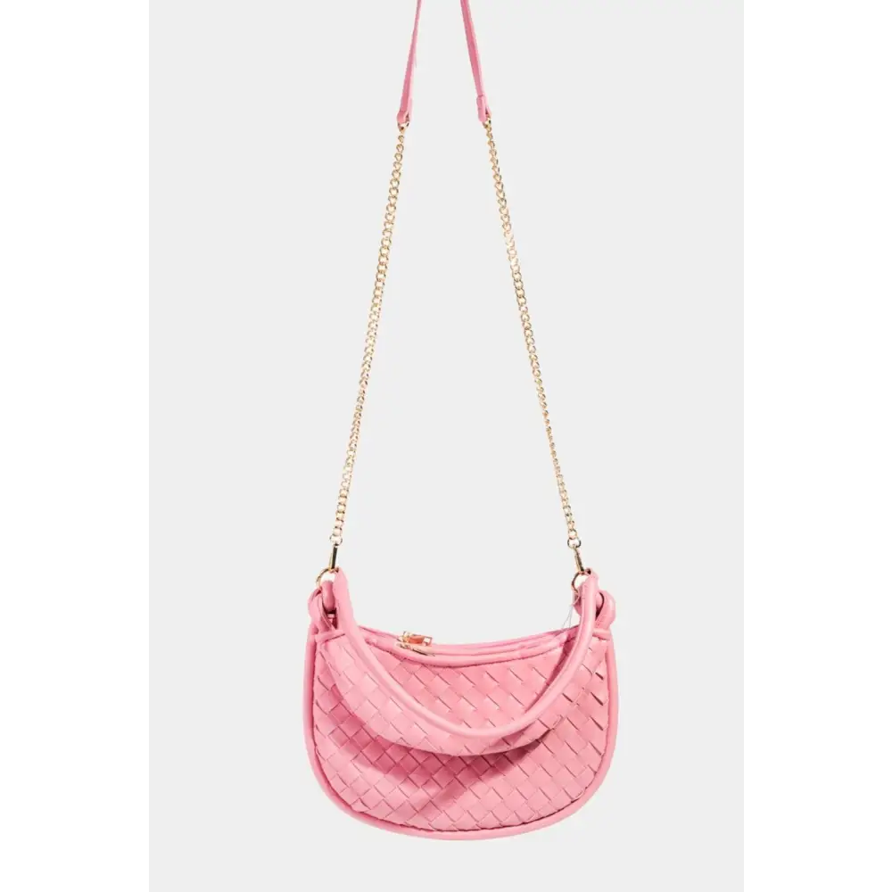 Chic Fame PU Leather Basket Weave Half Moon Bag in Pink