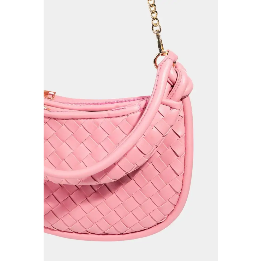 Chic Fame PU Leather Basket Weave Half Moon Bag in Pink