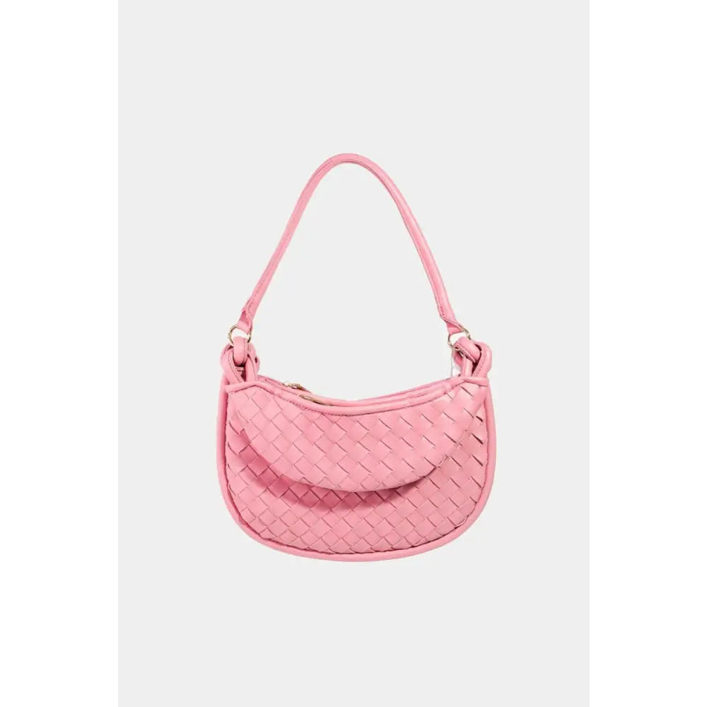 Chic Fame PU Leather Basket Weave Half Moon Bag in Pink