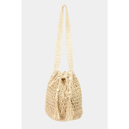 Fame Straw Braided Drawstring Tote Bag with Tassel - CM Fashion