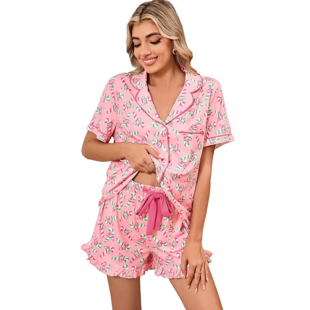 Festive Pink Christmas Candy Cane Knotted Pajama Set