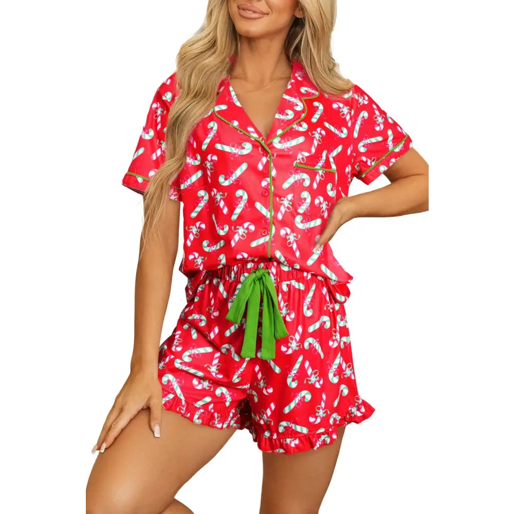 Festive Pink Christmas Candy Cane Knotted Pajama Set