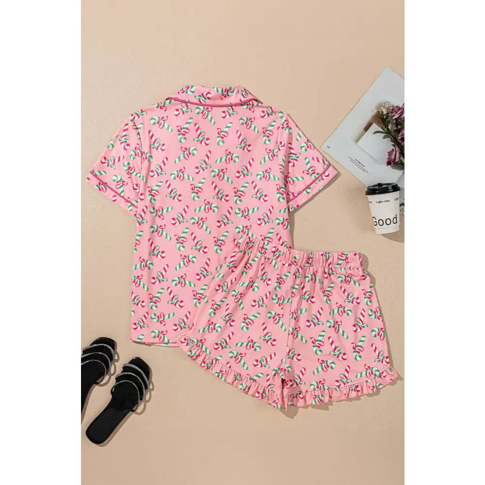 Festive Pink Christmas Candy Cane Knotted Pajama Set