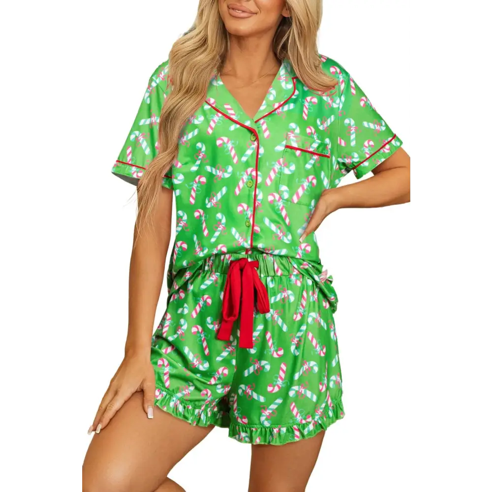 Festive Pink Christmas Candy Cane Knotted Pajama Set