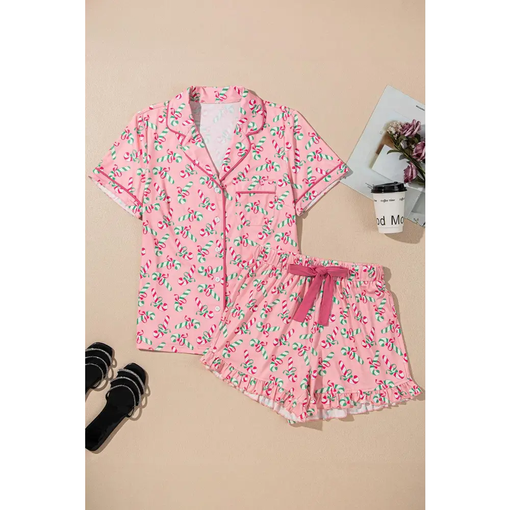 Festive Pink Christmas Candy Cane Knotted Pajama Set