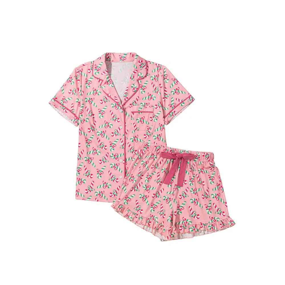 Festive Pink Christmas Candy Cane Knotted Pajama Set