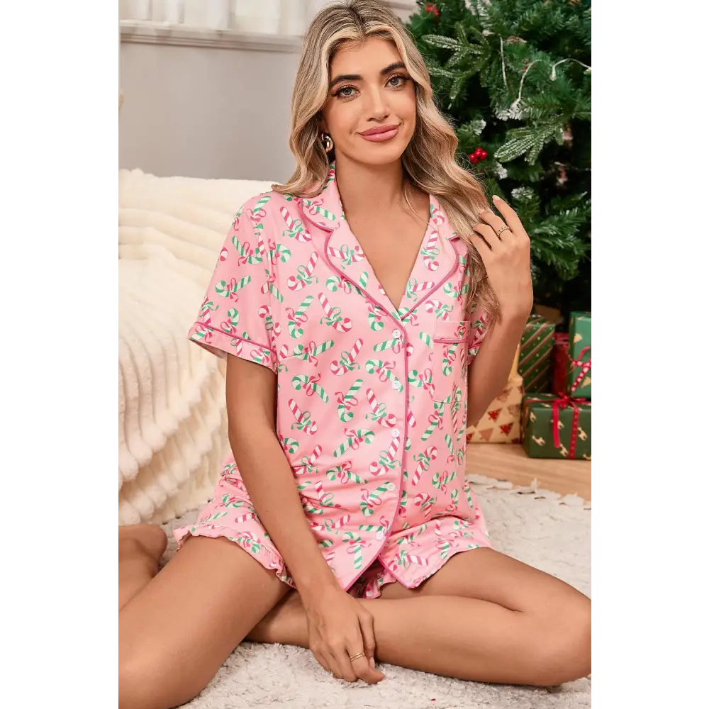 Festive Pink Christmas Candy Cane Knotted Pajama Set