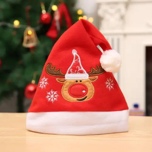 Festive Red Santa Claus Hat with Elk Embroidered Party Design