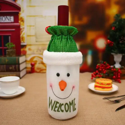 Festive Wine Bottle Covers Featuring Deer and Snowman Designs