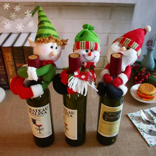 Festive Wine Bottle Covers Featuring Deer and Snowman Designs