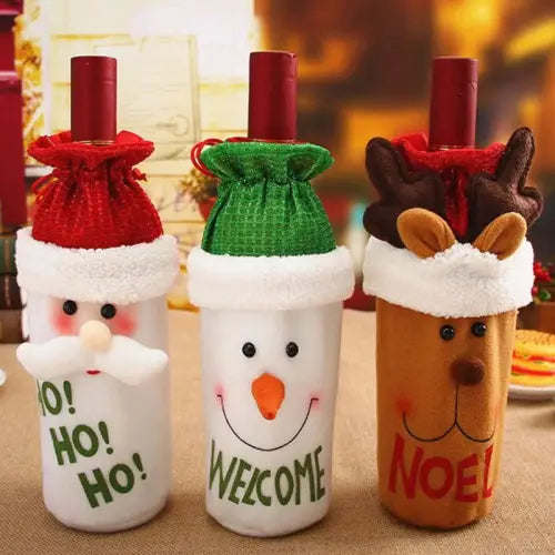 Festive Wine Bottle Covers Featuring Deer and Snowman Designs