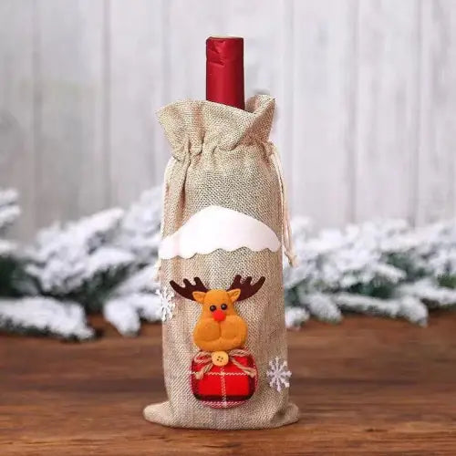 Festive Wine Bottle Covers Featuring Deer and Snowman Designs