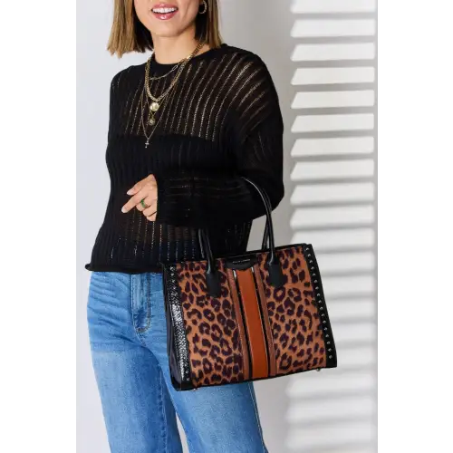 David Jones Leopard Contrast Rivet Handbag - CM Fashion