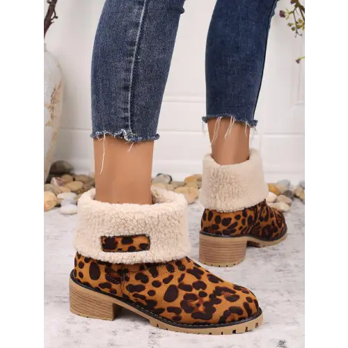 Fierce Leopard Block Heel Fuzzy Boots for Wild Style Seekers