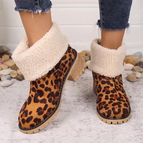 Fierce Leopard Block Heel Fuzzy Boots for Wild Style Seekers