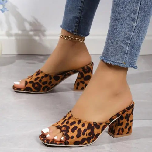 Leopard Block Heel Suede Sandals - CM Fashion