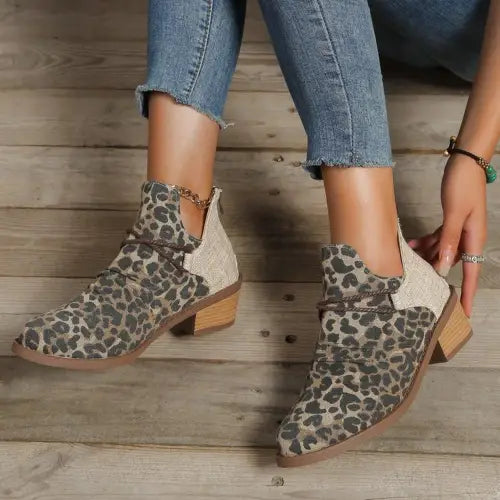 Fierce Leopard Print Contrast Canvas Low Heel Boots