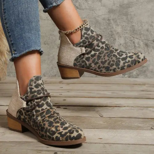 Fierce Leopard Print Contrast Canvas Low Heel Boots