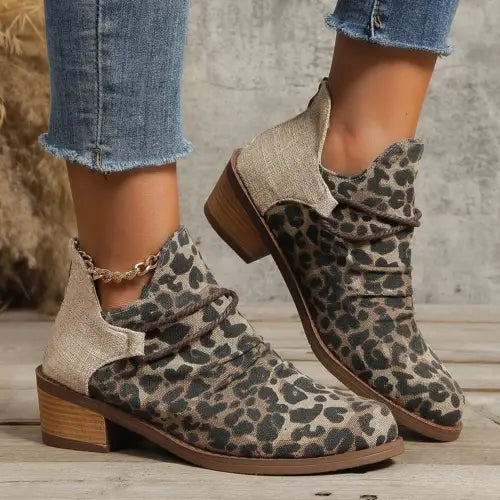 Fierce Leopard Print Contrast Canvas Low Heel Boots