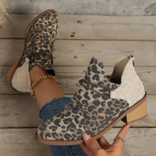 Fierce Leopard Print Contrast Canvas Low Heel Boots