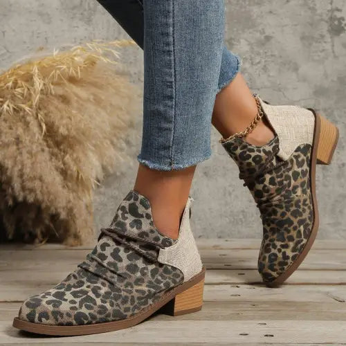 Fierce Leopard Print Contrast Canvas Low Heel Boots