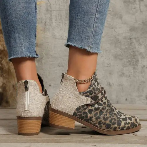 Fierce Leopard Print Contrast Canvas Low Heel Boots