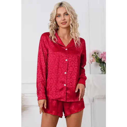 Fierce Red Leopard Long Sleeve Shirt and Shorts Lounge Set