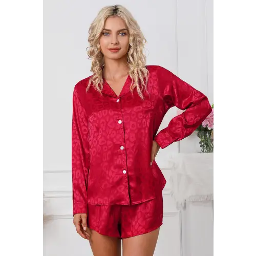 Fierce Red Leopard Long Sleeve Shirt and Shorts Lounge Set