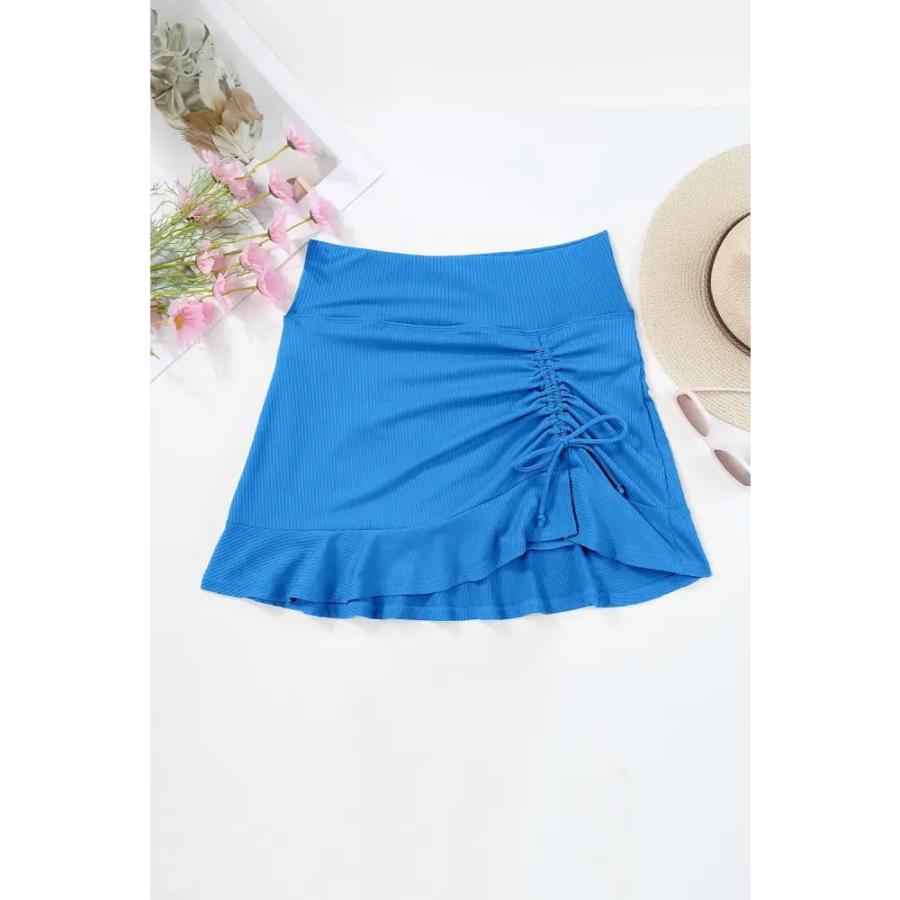 Flirty Blue Ruched Elastic Waist Swim Skirt for Beach Fun