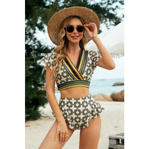 Printed Flutter Sleeve Ruffled Two-Piece Swimsuit - CM Fashion