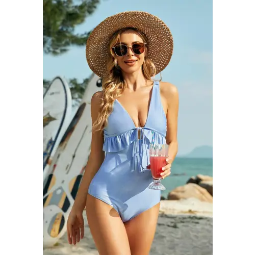 Flirty Ruffled Plunge Wide Strap One-Piece Swimsuit in Sky Blue