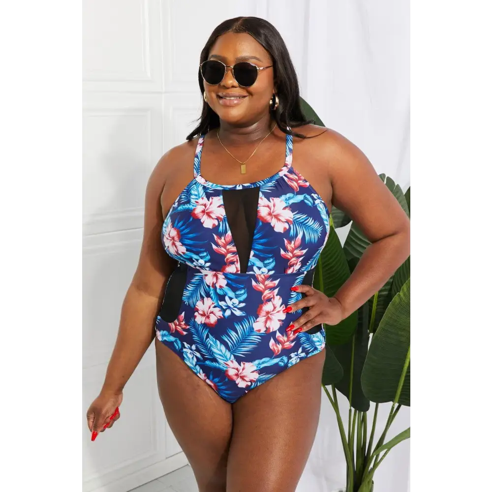 Blooming Beauty Floral Crisscross Spliced Mesh One-Piece Swimsuit