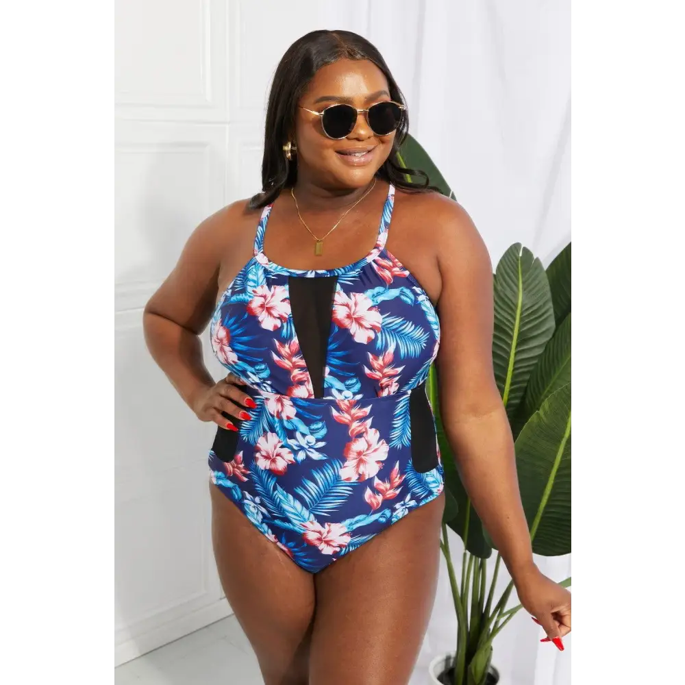 Blooming Beauty Floral Crisscross Spliced Mesh One-Piece Swimsuit