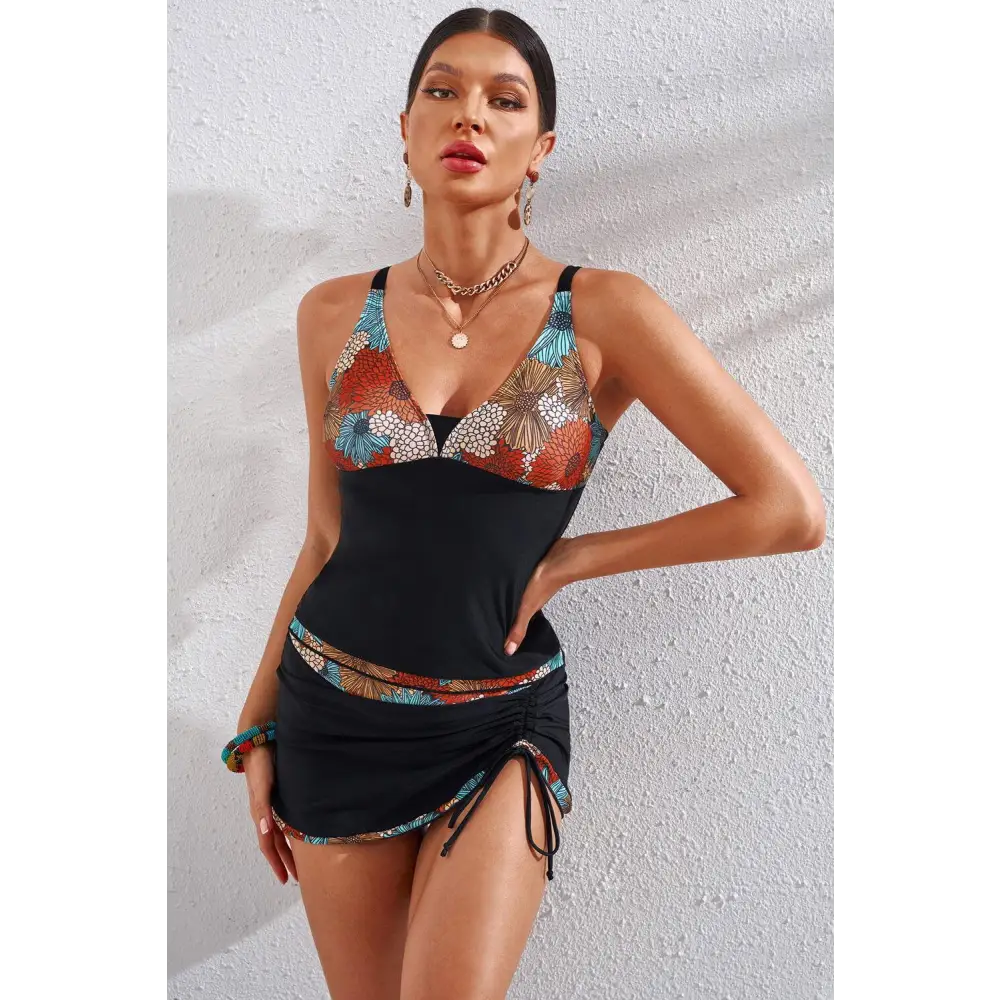 Romantic Floral Drawstring Two-Piece Swimsuit with Skirt