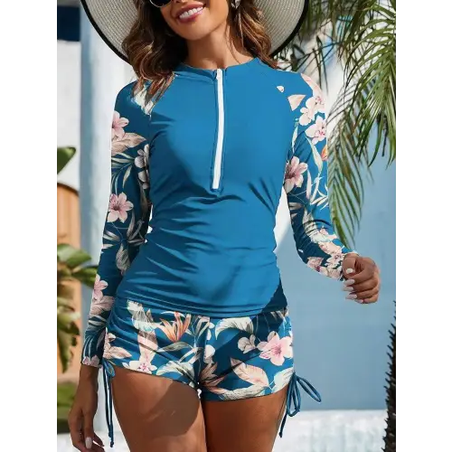 FAM-FAM Printed Half Zip Top and Drawstring Shorts Swim Set - CM Fashion