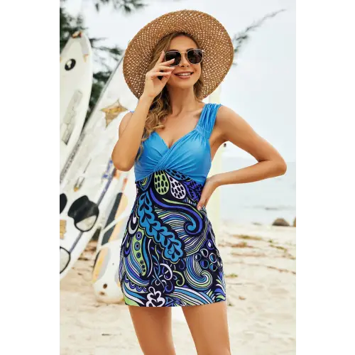 Printed Ruched Swim Dress and Swim Bottoms Set - CM Fashion