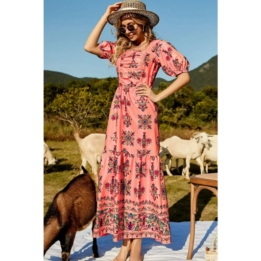 Floral Ruched Puff Sleeve Tiered Maxi Dress - CM Fashion