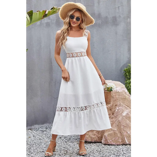 Flower Crochet Wide Strap Midi Dress - CM Fashion