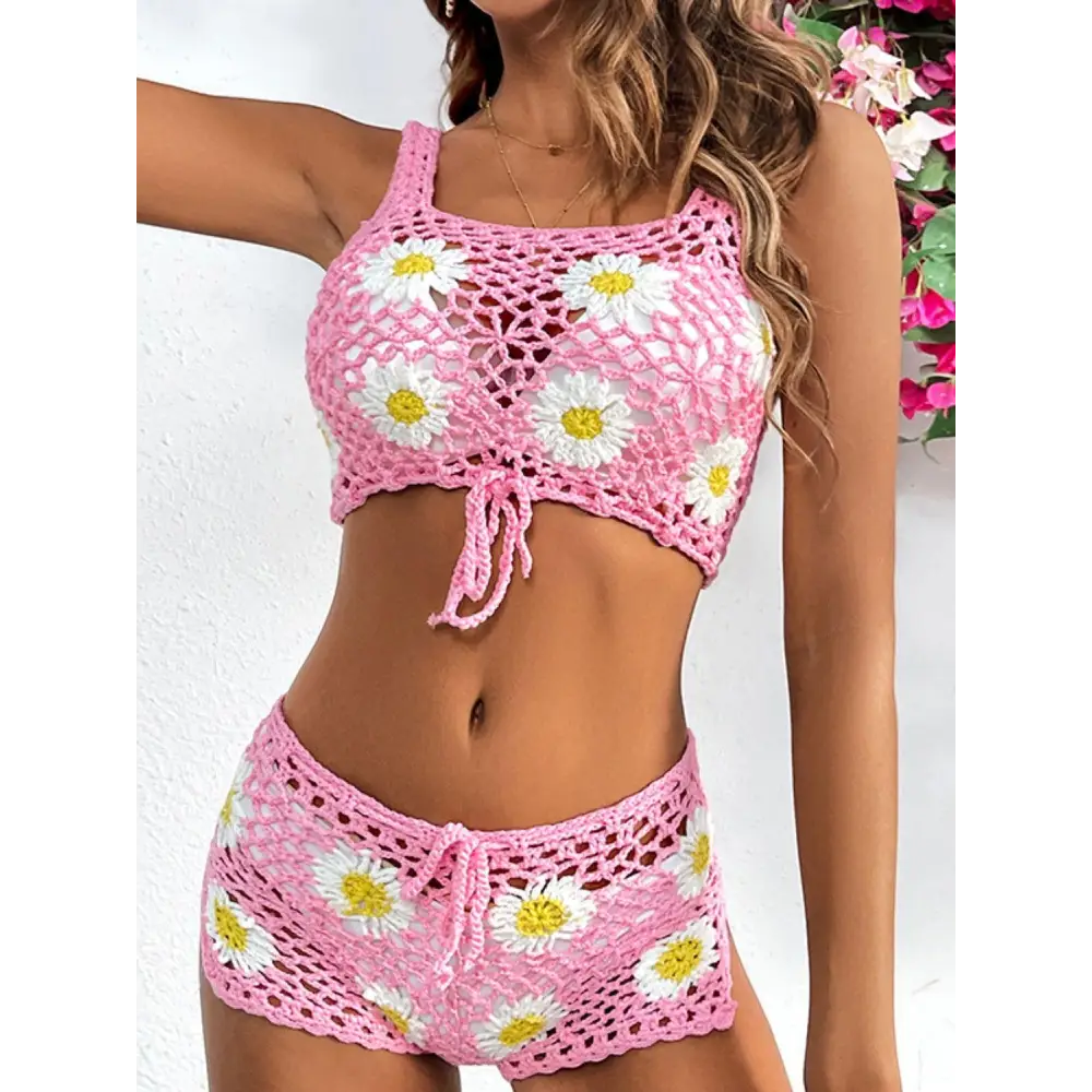 Flower Cutout Wide Strap Two-Piece Cover Up