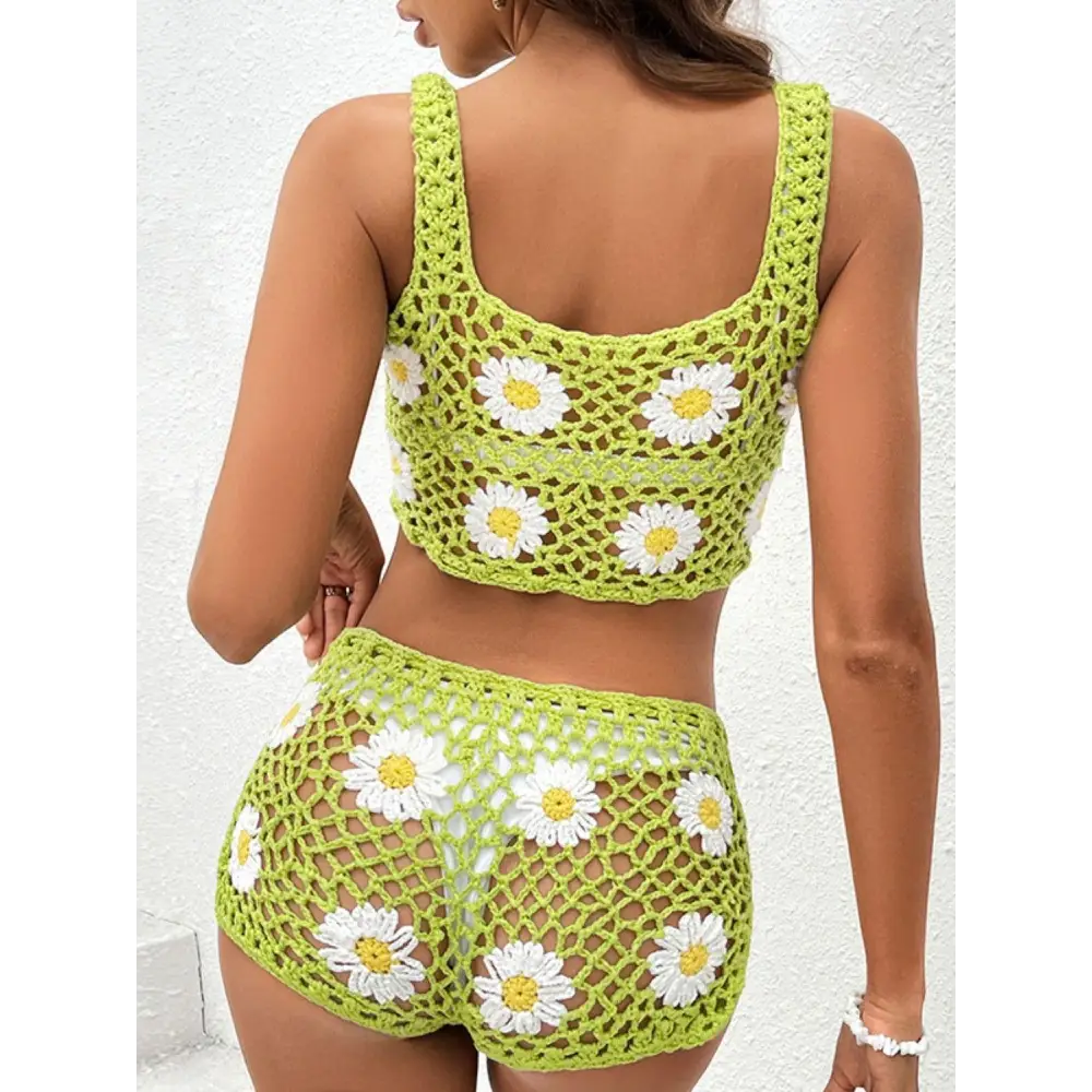 Flower Cutout Wide Strap Two-Piece Cover Up