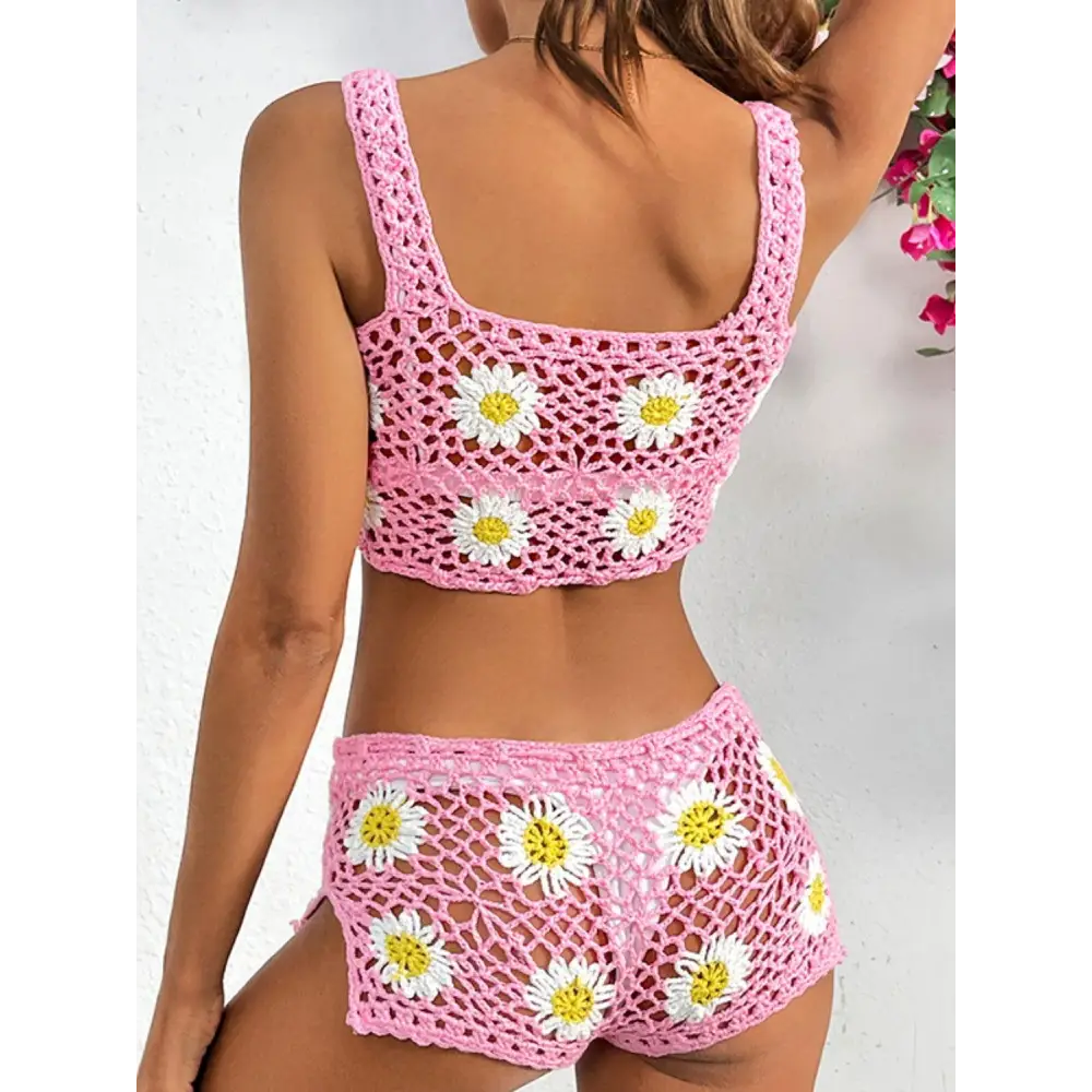 Flower Cutout Wide Strap Two-Piece Cover Up