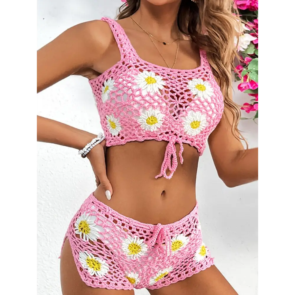 Flower Cutout Wide Strap Two-Piece Cover Up