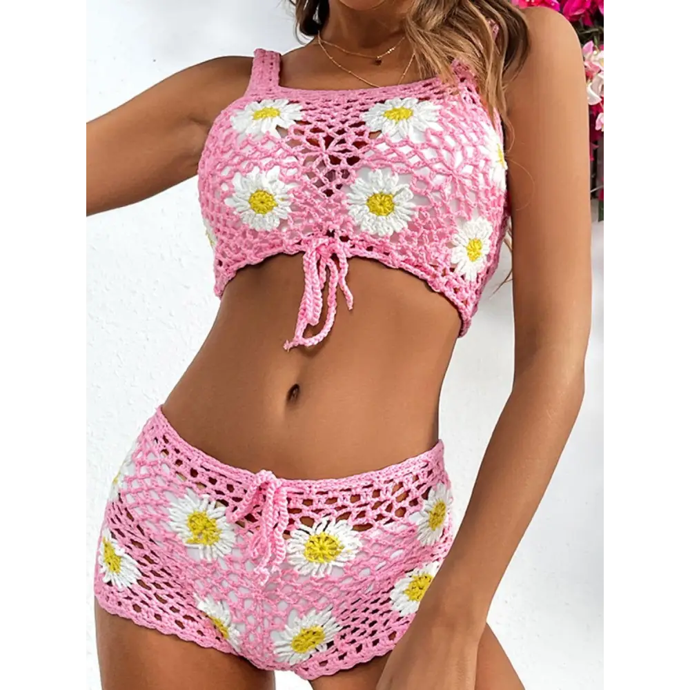 Flower Cutout Wide Strap Two-Piece Cover Up