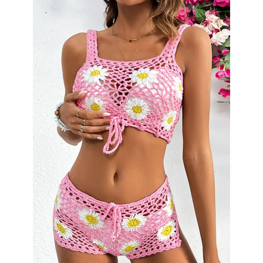 Flower Cutout Wide Strap Two-Piece Cover Up