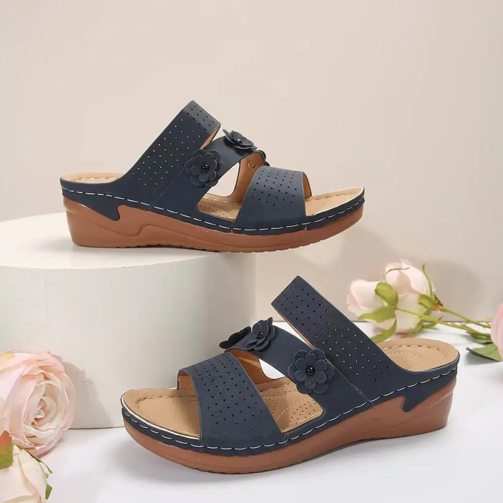 Blooming Elegance Flower PU Leather Wedge Sandals