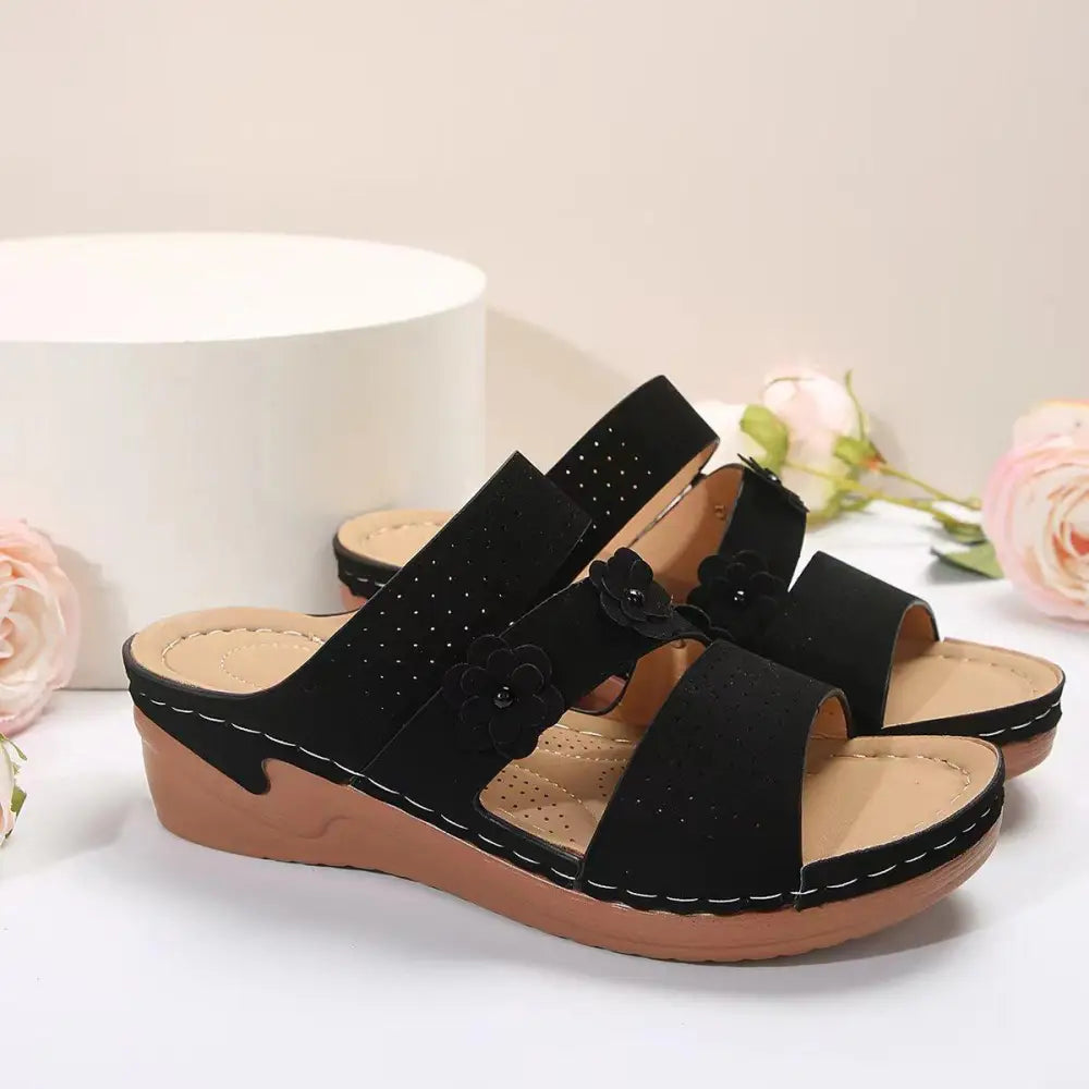 Blooming Elegance Flower PU Leather Wedge Sandals